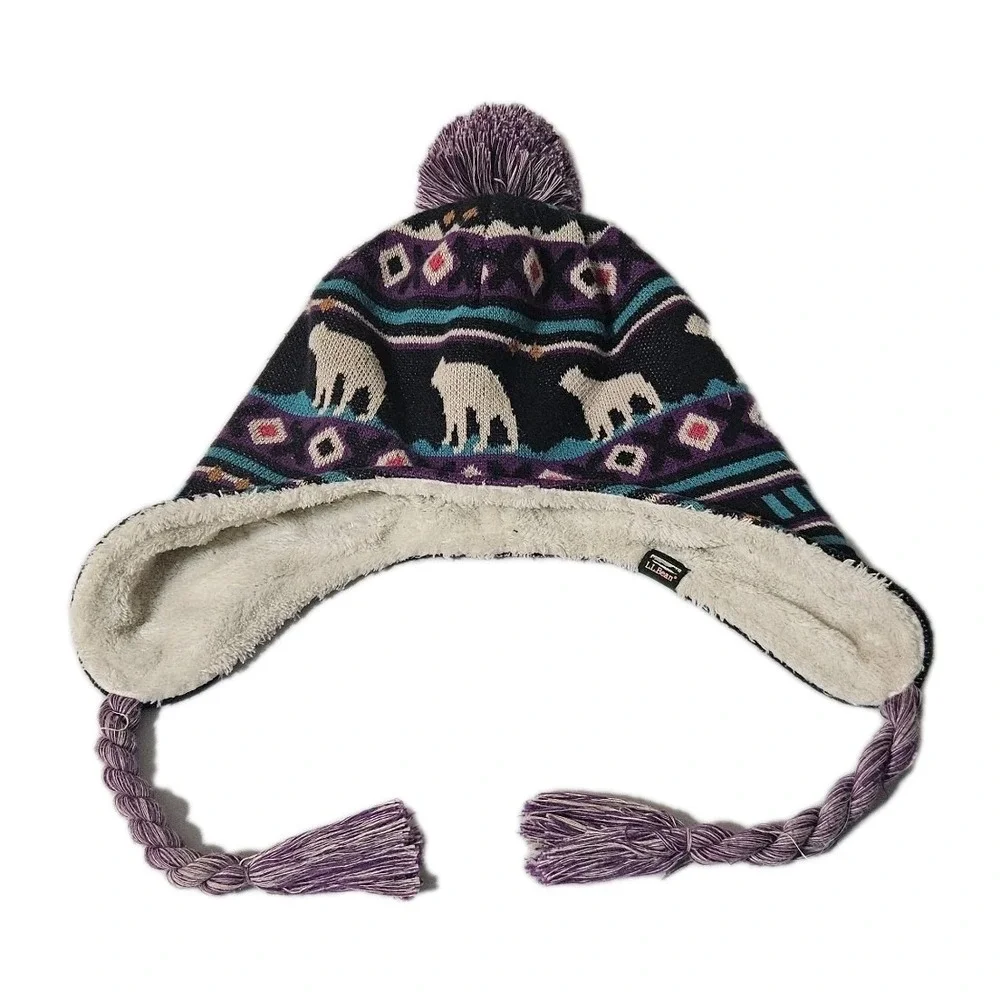 LL‎ Bean Hat Freeport Polar Bear Winter Fleece Beanie Pom Pom Knit Ski S/M